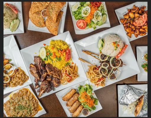 Atieke sweet plantain spring rolls brochette kebab salads fataya tacos