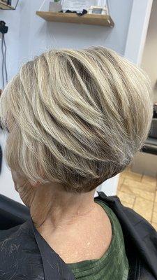 Stacked bob with blonde highlights