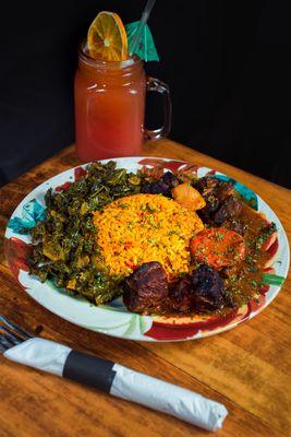 "Mbuzi" goat stew, jollof rice, sauteed kale