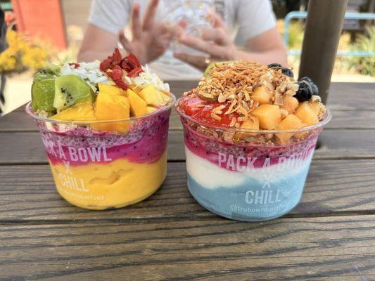 Sunset Bowl on left, build your own bowl with blue majik, Thai coconut, pitaya base on the right