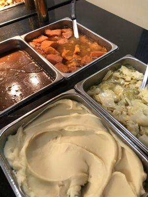 Wednesday's Mashed Potatoes, Fresh Boiled Cabbage Cuts, Cut up Sweet Potatoes and Savory Brown Gravy