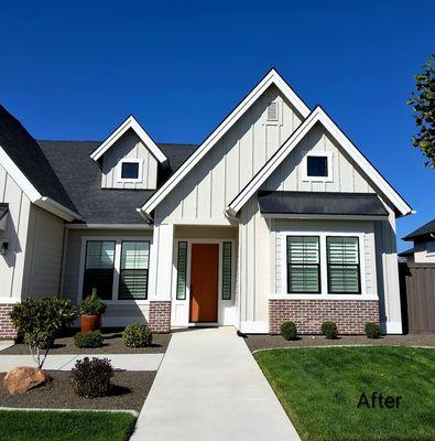 Beautiful exterior color change! Our team transformed this home with a fresh new look--updated siding, trim, and doors for a fresh look!