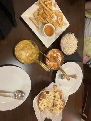 Chicken Tika Misala, Coconut Cury, garlic naan and misala fries. YUM!