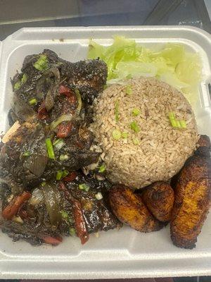 Jerk Chicken, Rice & Peas with Cabbage and Plantains