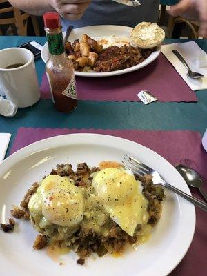 Short rib Benedict and corned beef hash