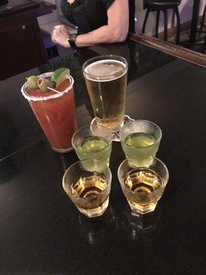 Pickle backs with Jameson Bloody Mary