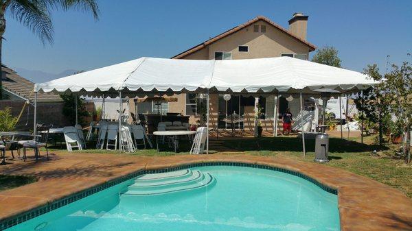 Canopies next to a pool ,