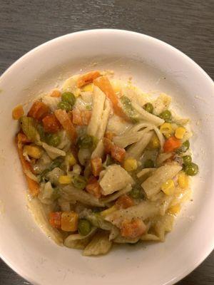 This isn't even Jerk Chicken Rasta Pasta. It's more like frozen vegetable packages and pasta from a box. No seasoning at all.