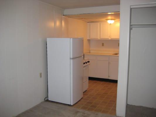 Standing at the doorway and taking a picture of the living room/kitchen.