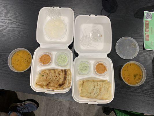 Dosa (masala on the right, I believe podi on the left)