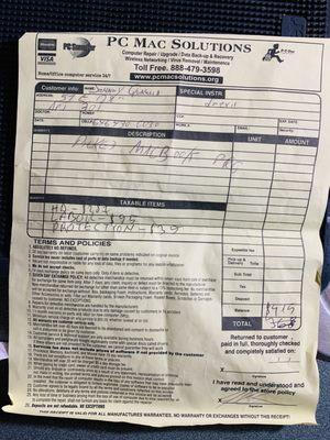 This receipt was filled out more the second time around. I requested that he put down the parts and their prices that were installed