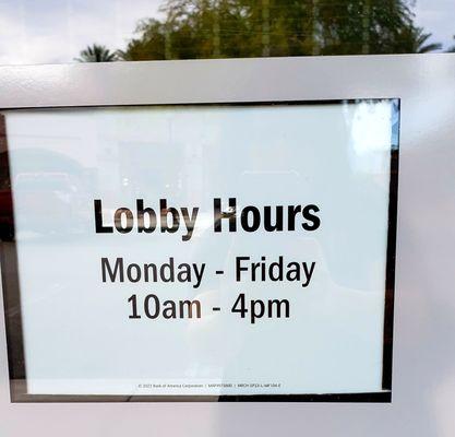 Lobby hours posted on door as of Dec 2023