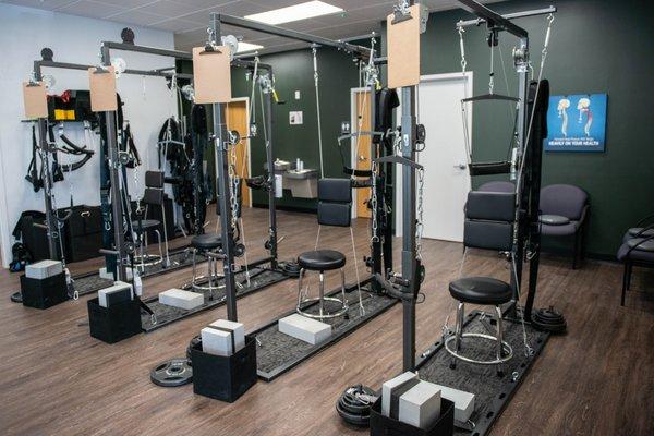 This gym like equipment provides a very focused stretch to remold the spine back to a younger stronger position.