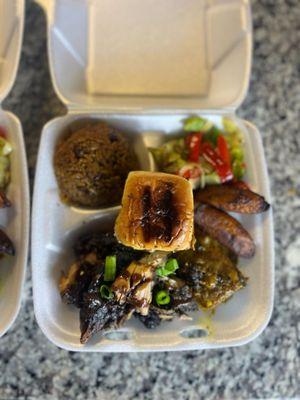 Rice and peas  Jerk chicken  Plantains  Steamed veggies  Sweet roll