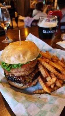 Lake Burger with seasoned fries and a Black and Blueberry Blonde