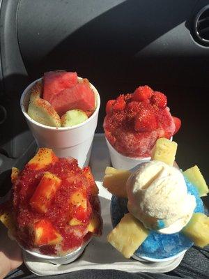 Pictured: front row Mongonada Snow Cone, Blue Hawaiian Snow Cone...Back Row: Medium Fruit Cup, Fresanada Snow Cone