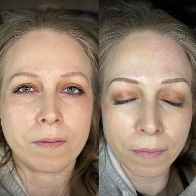 Left photo is her healed brows
The right photos is immediately after her touch up appointment