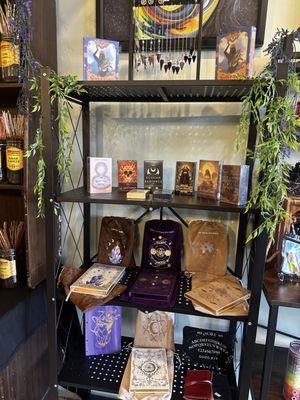 Large variety of tarot cards 
Spell book,  journals ect