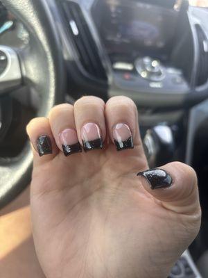 Index fingers shows smudges. All middles finger French dips are crooked. Cuticles are dirty and still have paint on them.