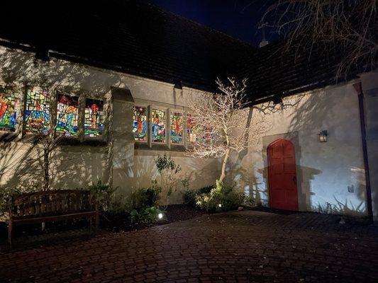 Gorgeous stained glass windows being light and life into the sanctuary, but also welcome neighbors or those walking by or on the labyrinth.