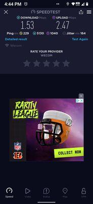 Speed test.net download speed of 1.53 Mbps.