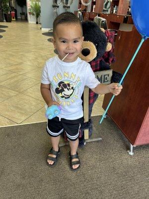 My son received a toy and a balloon during his visit. Oh and 4 lollipops! Lol. he had a great time during his cut!