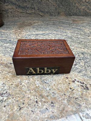 This is the box they put her in. The name plate came with but I haven't attached it yet so I will look better when I center it