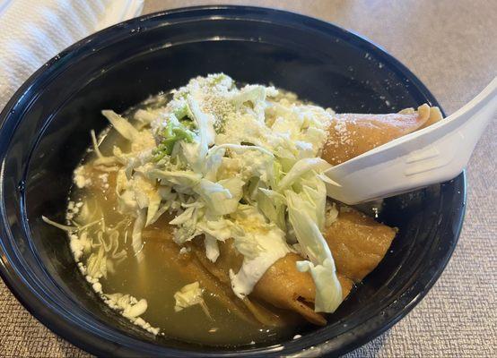 Saturday Lunch Special: Chicken Taquitos Dunked in Clear Broth.