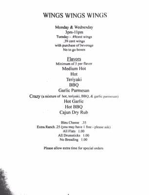 Wing menu. Wings wings wings.