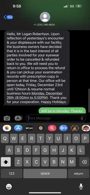 Picture of receptionist cancelling my order, when the boss (Dr. Thai) just did an eye exam and recommended glasses.