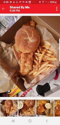 Fish sandwich with french fries, fresh cole slaw, pickles and tartersauce.