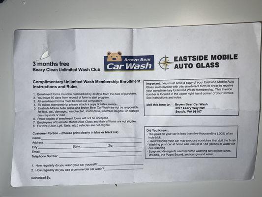 Voucher from Eastside Mobile Auto Glass for 3 months of unlimited car washes at Brown Bear for having windshield replaced.