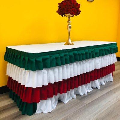 Pleated ruffle table skirt, custom made, any size any color reusable, washable, High quality polyester material, specialty table skirts.