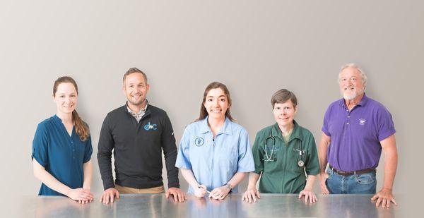 Left to Right, Our Veterinarians: Dr. Scott, Dr. Miller, Dr. Gilbert, Dr. Louk, and Dr. Longhofer