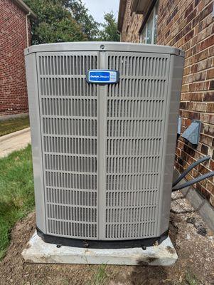 4 Ton, 16SEER American Standard 4A7A6048 condenser and new condenser slab installed in August 2022 in Frisco, TX.