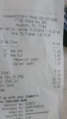 What your receipt looks like when you order a footlong and six inch sub.