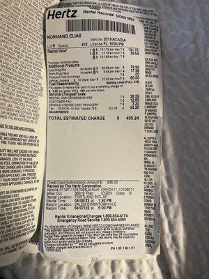 Hertz's rental receipt one day rental.