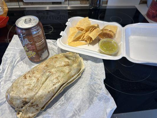Chilaquiles Burrito with Chile Verde, beans and carnitas