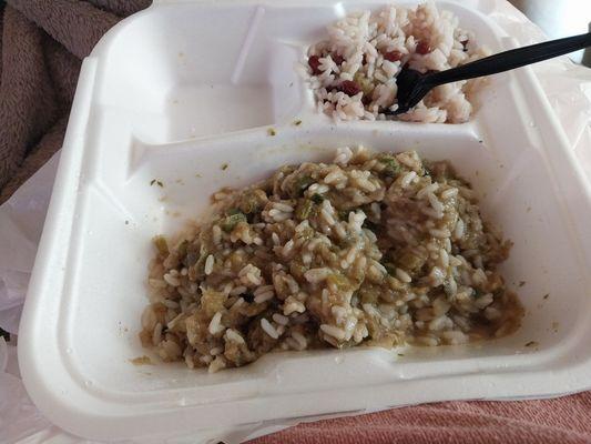 Regular gumbo with rice; red beans and rice for my side