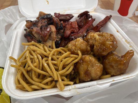 Combo 3: lo mein, bourbon chicken, boneless spare ribs, and general tso chicken