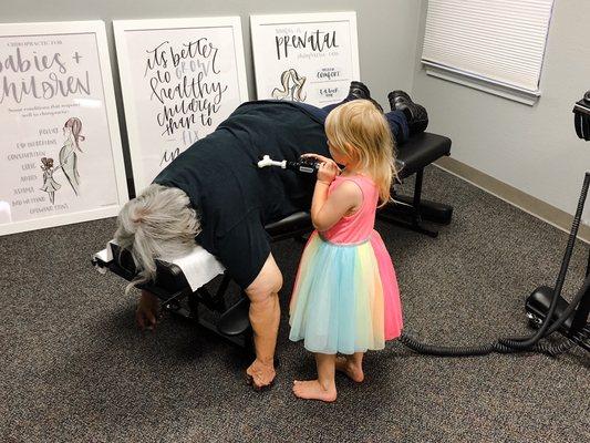 Dr. Margaret's daughter decided she was going to do the adjusting today. Grandma was happy to participate! (No grandmas were harmed, LOL)