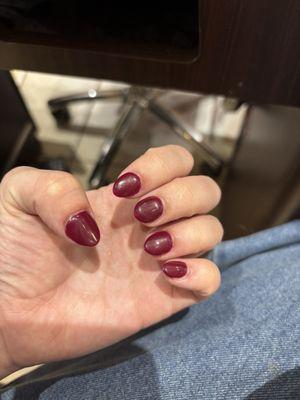 Almond shape short nails.