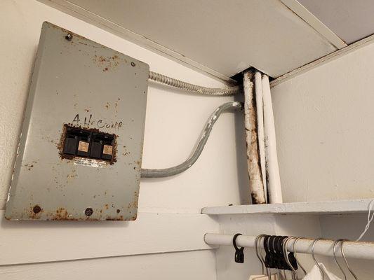 Exposed wiring and black mold in closet
