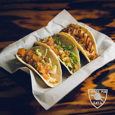 Sweet chili-lime shrimp, beef, and bbq chicken tacos!