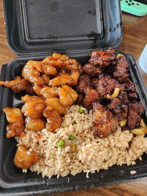 Black pepper chicken, orange chicken, and vegetable fried rice