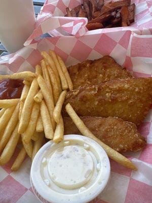 Sweet potato fries, and a plate of fish and chips