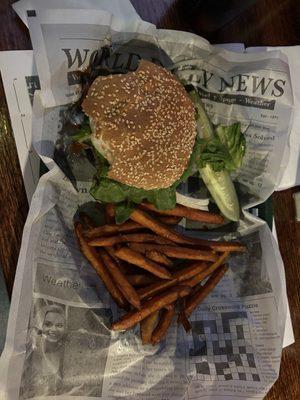 Umass cheers burger and Sweet Potato Fries