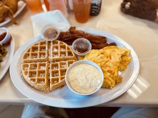 Waffle bacon eggs amd grits