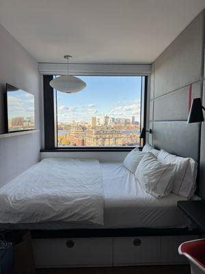 Room on the 11th floor of the CitizenM with a stunning view of the Charles River.