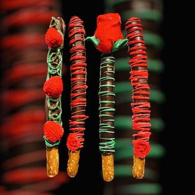 Chocolate cover pretzels, Unique, design with roses and strawberry Custom-made for any occasion, make your candy bouquet out of it.